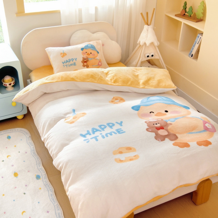 91家纺网 家纺一手货源 找家纺 鱼宝 2025新款大版牛奶绒三件套六件套多件套-彩绘系列 小熊鸭鸭