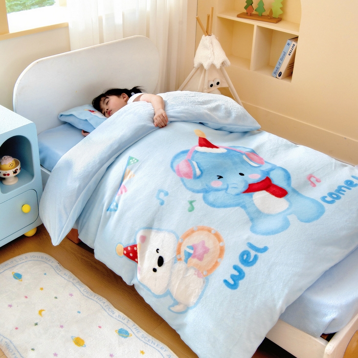 91家纺网 家纺一手货源 找家纺 鱼宝 2025新款大版牛奶绒三件套六件套多件套-彩绘系列 小象宝宝