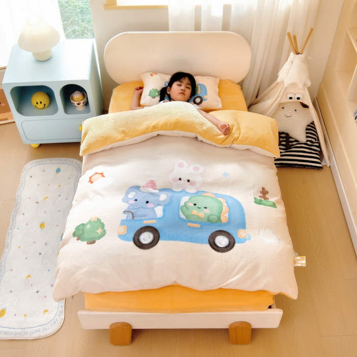 91家纺网 家纺一手货源 找家纺 鱼宝 2025新款大版牛奶绒三件套六件套多件套-彩绘系列 小巴士