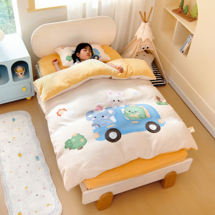 91家纺网 家纺一手货源 找家纺 鱼宝 2025新款大版牛奶绒三件套六件套多件套-彩绘系列 小巴士