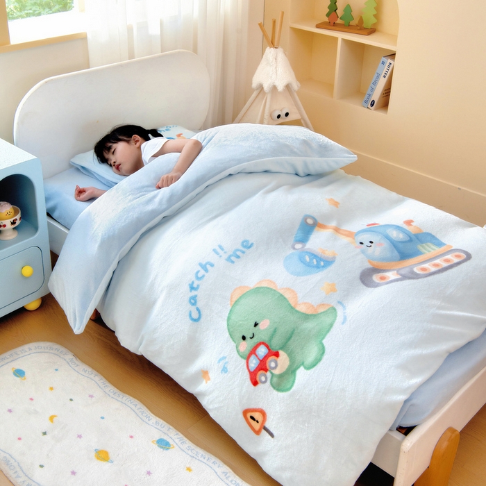 91家纺网 家纺一手货源 找家纺 鱼宝 2025新款大版牛奶绒三件套六件套多件套-彩绘系列 卡通挖机