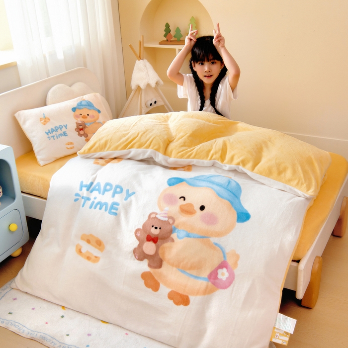 91家纺网 家纺一手货源 找家纺 鱼宝 2025新款大版牛奶绒三件套六件套多件套-彩绘系列 小熊鸭鸭