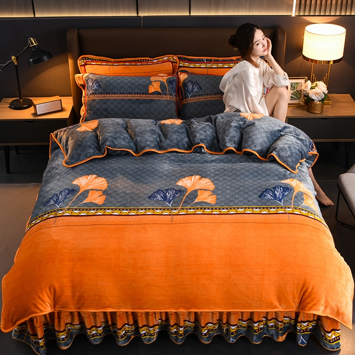 绘萱2025新品爆款8斤包边印花牛奶绒四件套床裙款法莱绒金貂貂狐 三生有杏