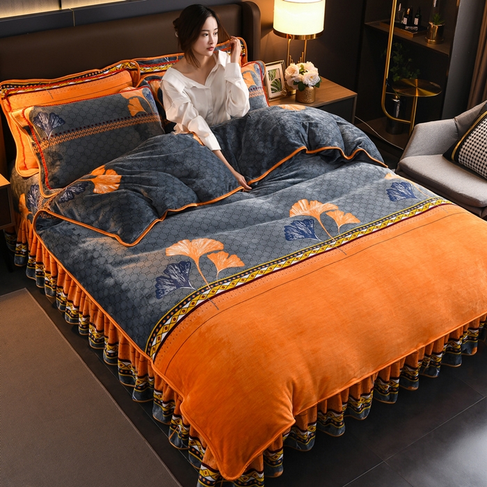 91家纺网 家纺一手货源 找家纺 绘萱2025新品爆款8斤包边印花牛奶绒四件套床裙款法莱绒金貂貂狐 三生有杏