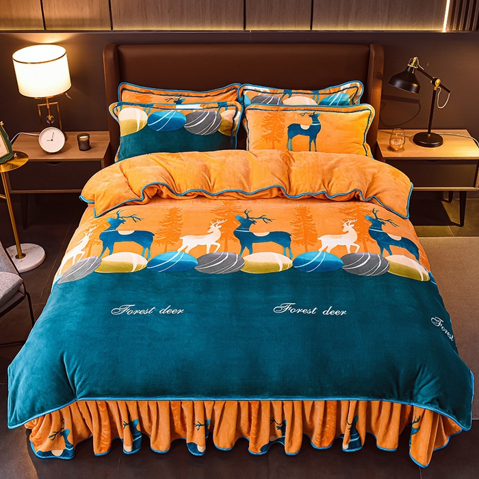 绘萱2025新品爆款8斤包边印花牛奶绒四件套床裙款法莱绒金貂貂狐 森林鹿