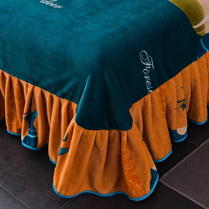 91家纺网 家纺一手货源 找家纺 绘萱2025新品爆款8斤包边印花牛奶绒四件套床裙款法莱绒金貂貂狐 森林鹿