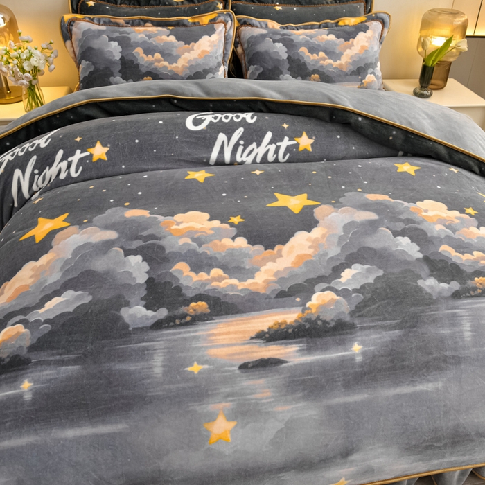 91家纺网 家纺一手货源 找家纺 绘萱2025新品爆款8斤包边印花牛奶绒四件套床裙款法莱绒金貂貂狐 星河