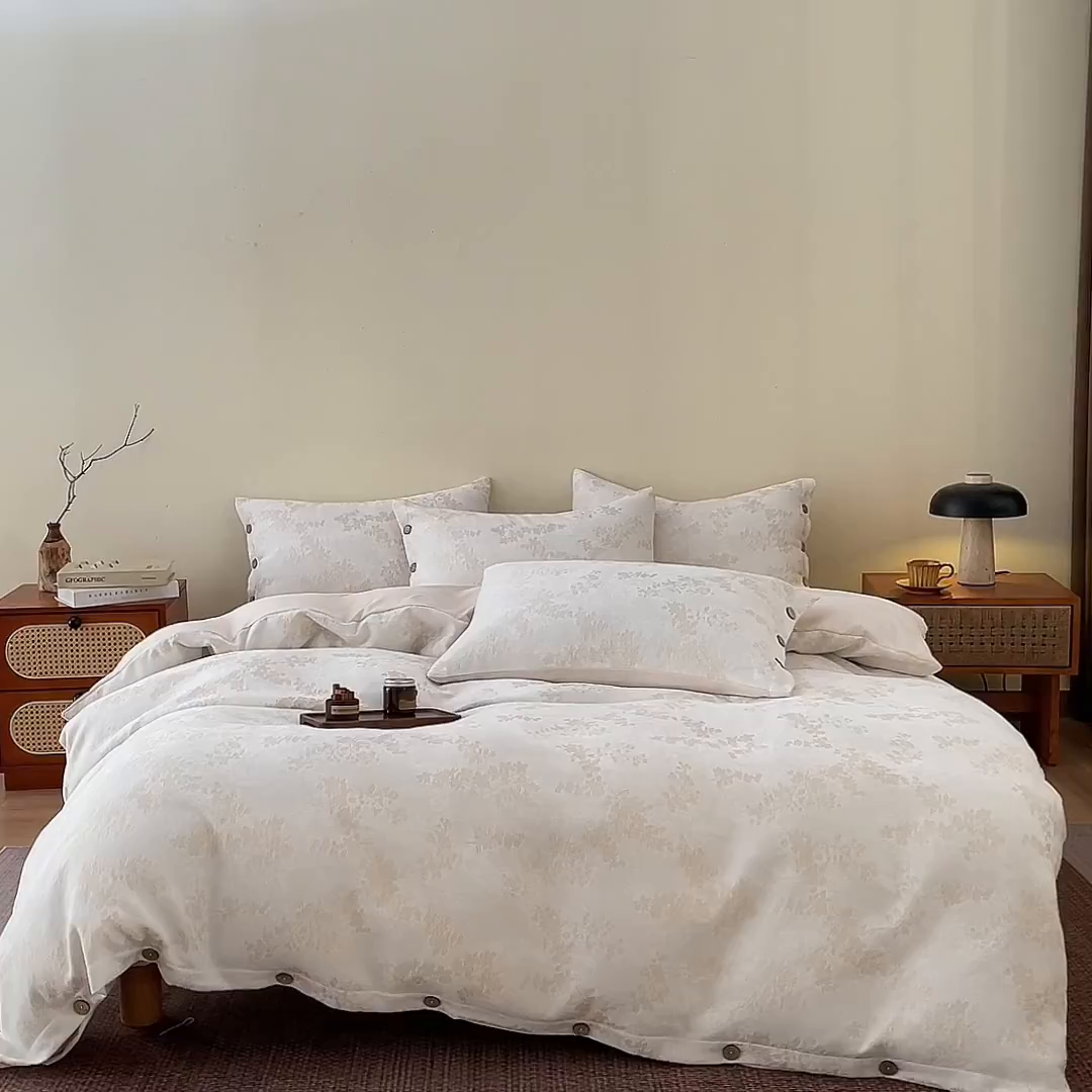 91家纺网 家纺一手货源 找家纺 润肤居 2025新款雪尼尔棉绒大提花四件套 樱花雨梦-小麦色