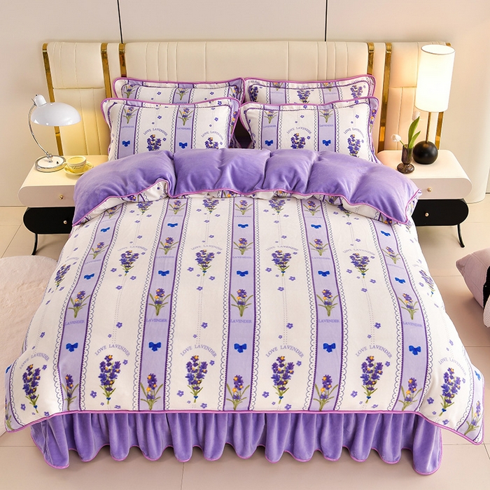 绘萱2025新品爆款8斤包边印花牛奶绒四件套床裙款法莱绒金貂貂狐 薰衣浪漫