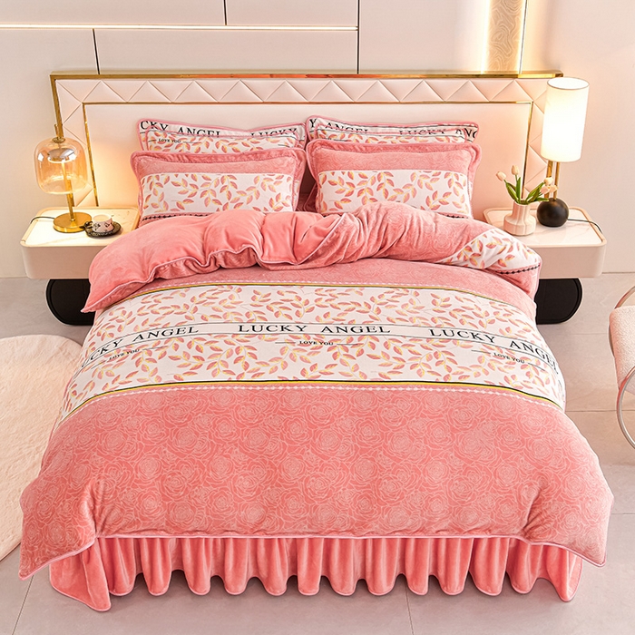 绘萱2025新品爆款8斤包边印花牛奶绒四件套床裙款法莱绒金貂貂狐 叶语浪漫-粉