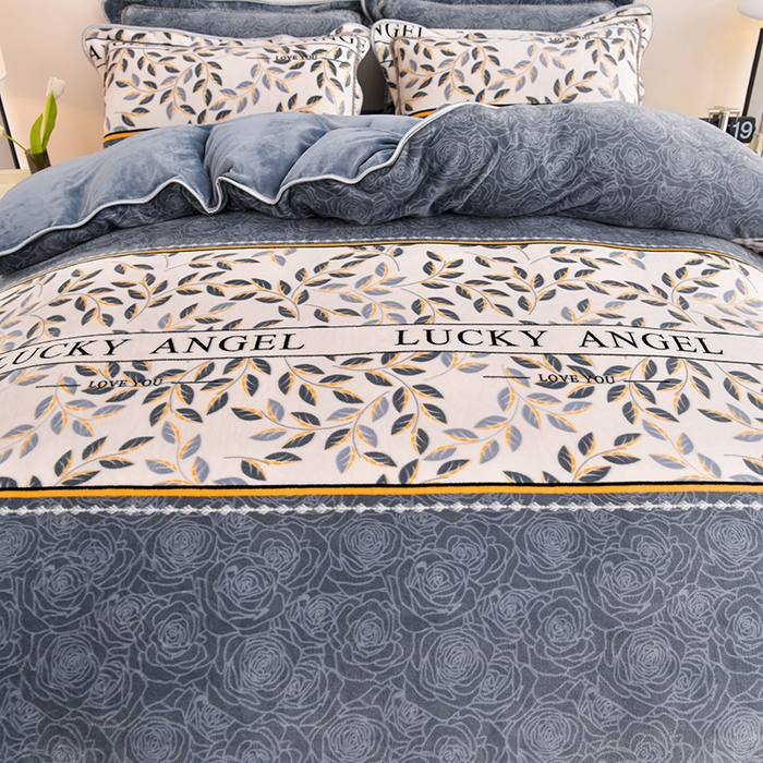 91家纺网 家纺一手货源 找家纺 绘萱2025新品爆款8斤包边印花牛奶绒四件套床裙款法莱绒金貂貂狐 叶语浪漫-灰