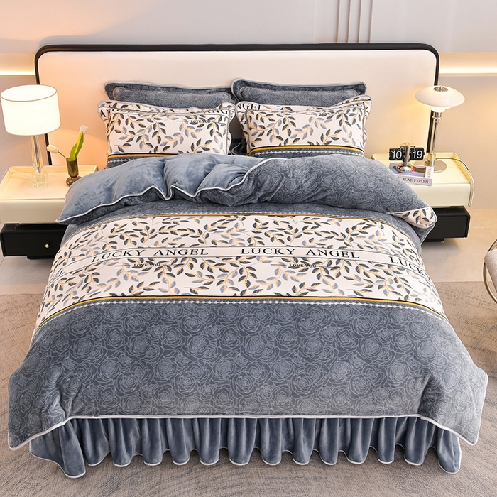 绘萱2025新品爆款8斤包边印花牛奶绒四件套床裙款法莱绒金貂貂狐 叶语浪漫-灰
