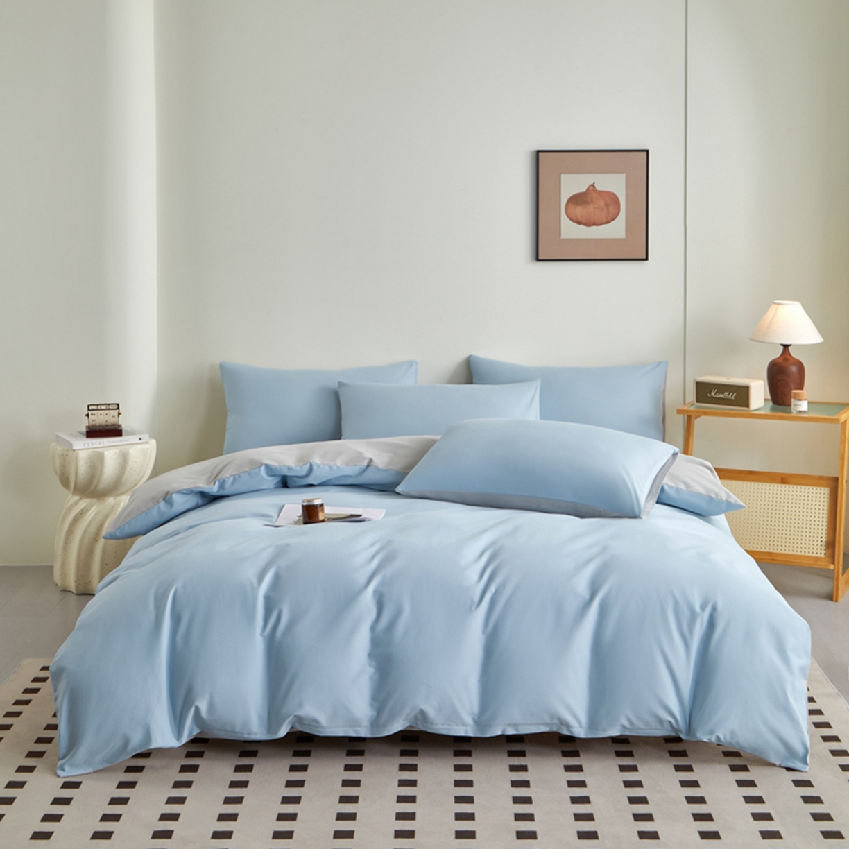 润肤居 2025新款全棉纯色双拼加厚磨毛四件套 碧空蓝+浅灰