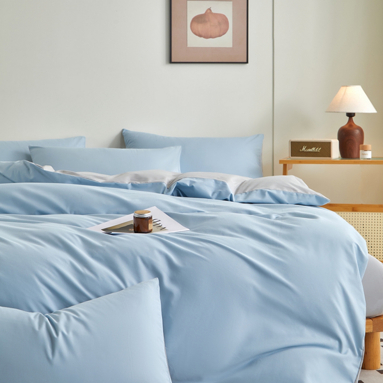91家纺网 家纺一手货源 找家纺 润肤居 2025新款全棉纯色双拼加厚磨毛四件套 碧空蓝+浅灰