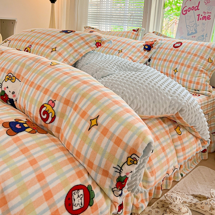 91家纺网 家纺一手货源 找家纺 一比一 2025新款加厚保暖豆豆牛奶绒床盖款四件套猫咪酱