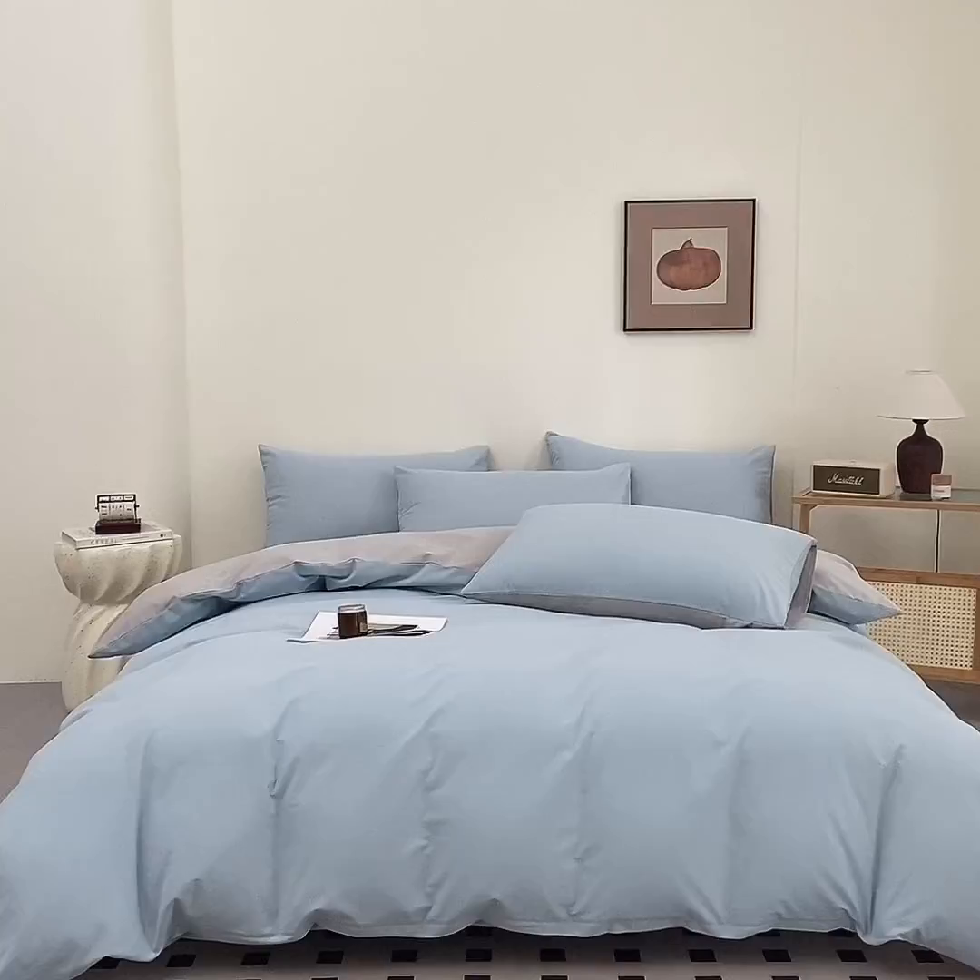 91家纺网 家纺一手货源 找家纺 润肤居 2025新款全棉纯色双拼加厚磨毛四件套 碧空蓝+浅灰