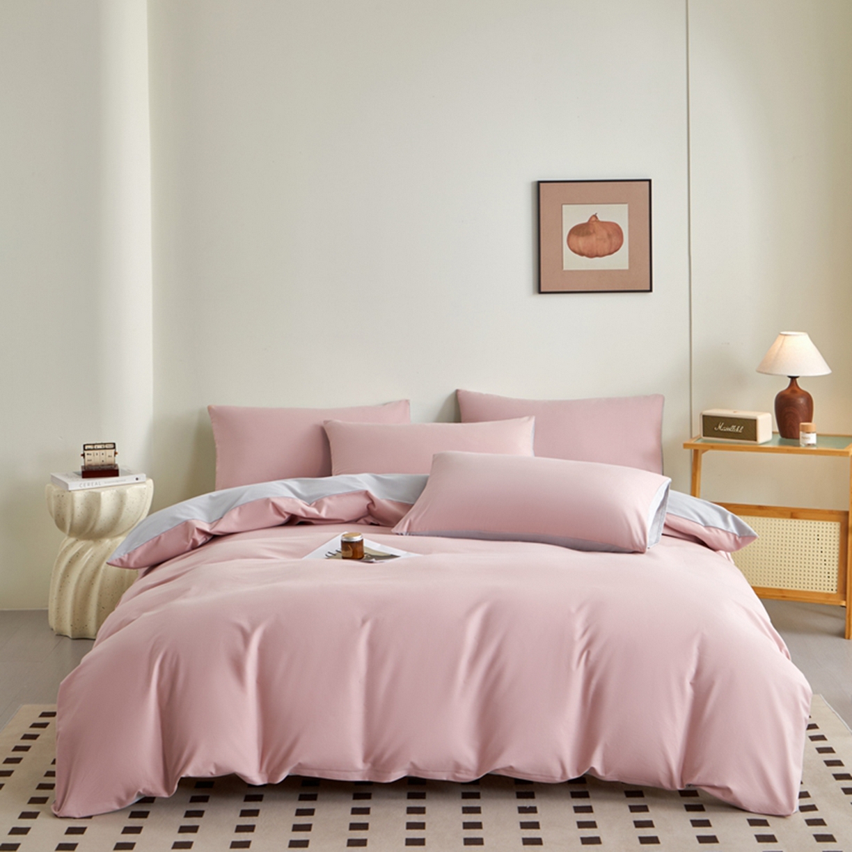 润肤居 2025新款全棉纯色双拼加厚磨毛四件套 豆沙+浅灰