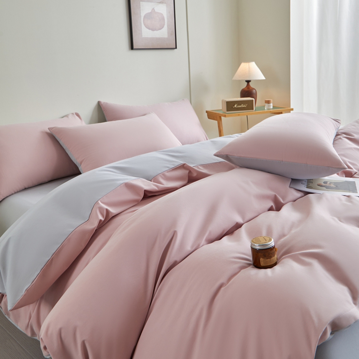 91家纺网 家纺一手货源 找家纺 润肤居 2025新款全棉纯色双拼加厚磨毛四件套 豆沙+浅灰