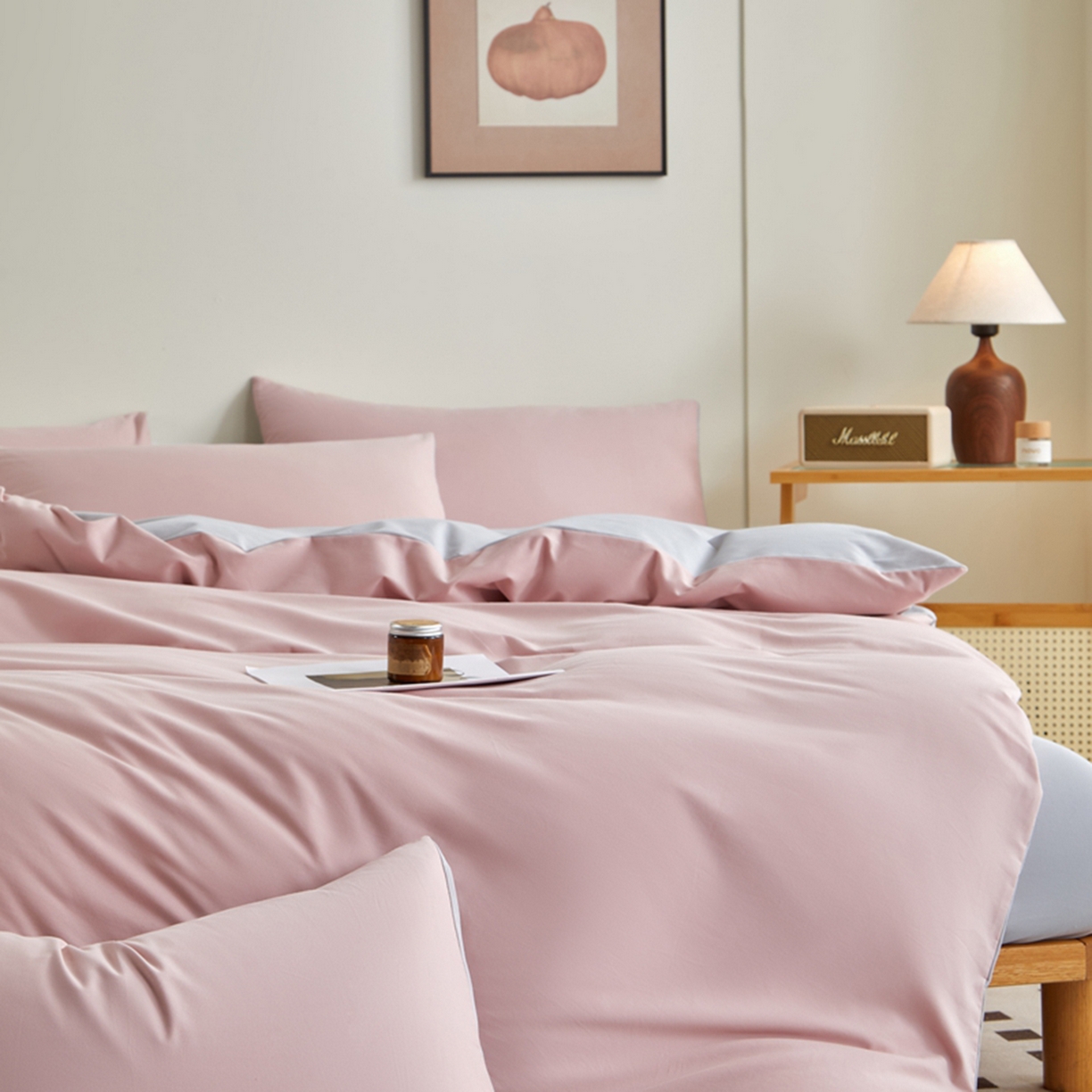 91家纺网 家纺一手货源 找家纺 润肤居 2025新款全棉纯色双拼加厚磨毛四件套 豆沙+浅灰