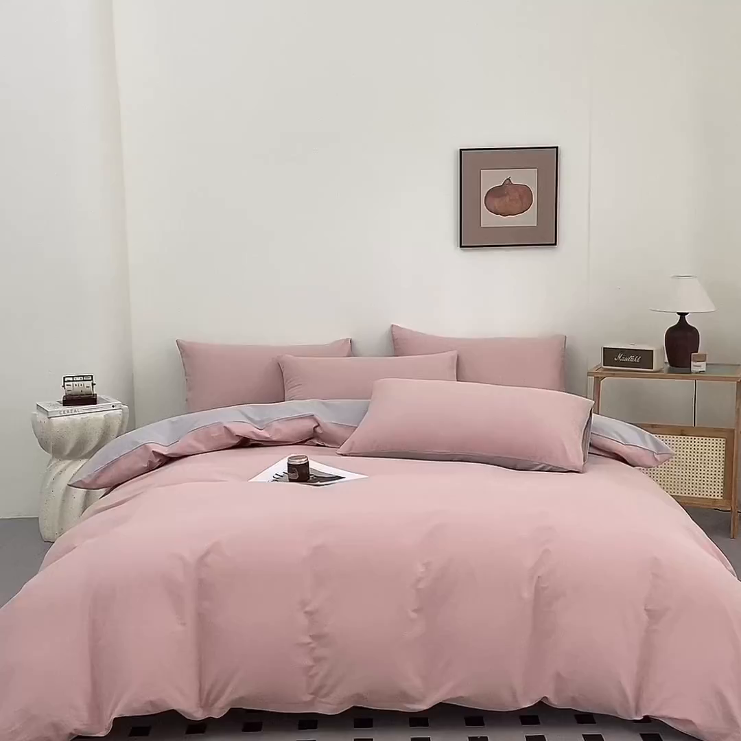 91家纺网 家纺一手货源 找家纺 润肤居 2025新款全棉纯色双拼加厚磨毛四件套 豆沙+浅灰