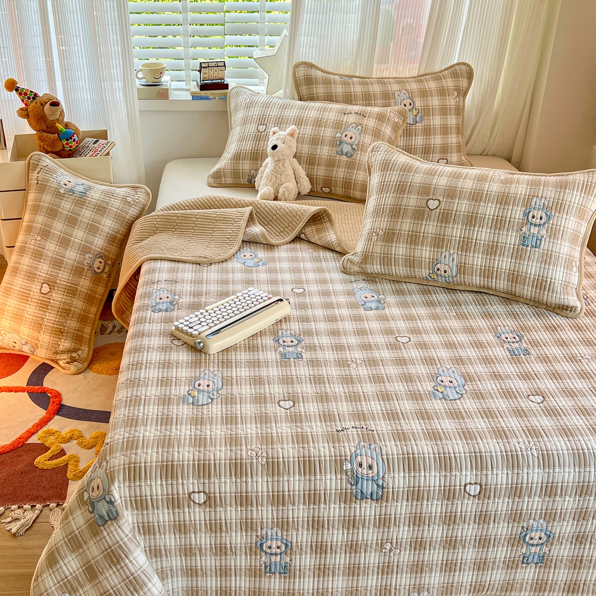 91家纺网 家纺一手货源 找家纺 X猫先生 2025新品棉加绒床盖一面全棉一面牛奶绒床盖炕盖加厚床单床垫四季款系列二 拉布兔兔（A棉B绒）