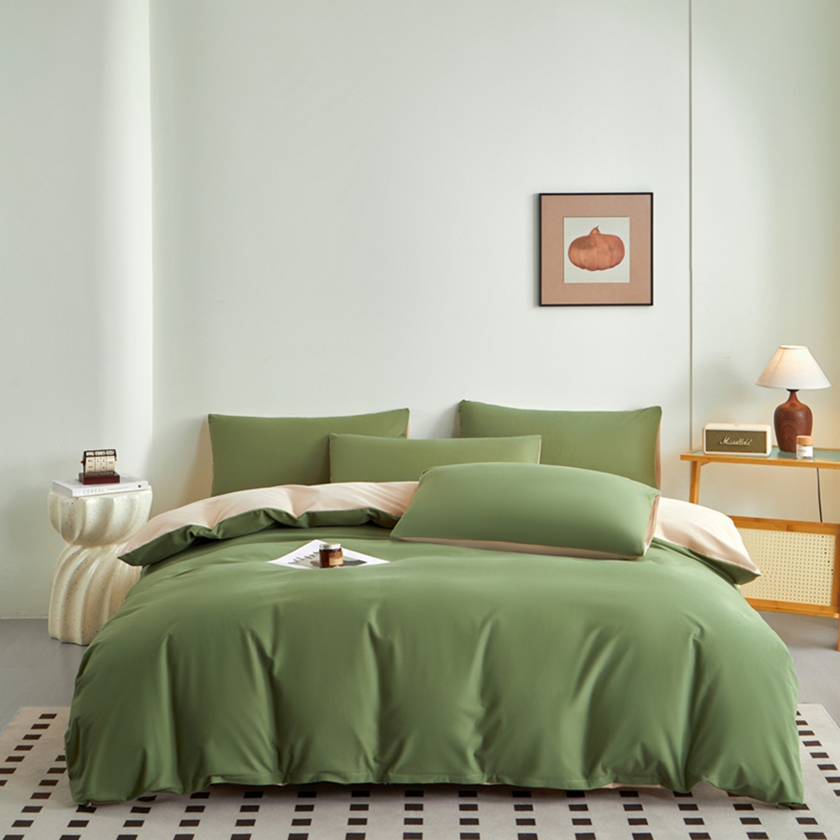 润肤居 2025新款全棉纯色双拼加厚磨毛四件套 复古绿+杏驼色
