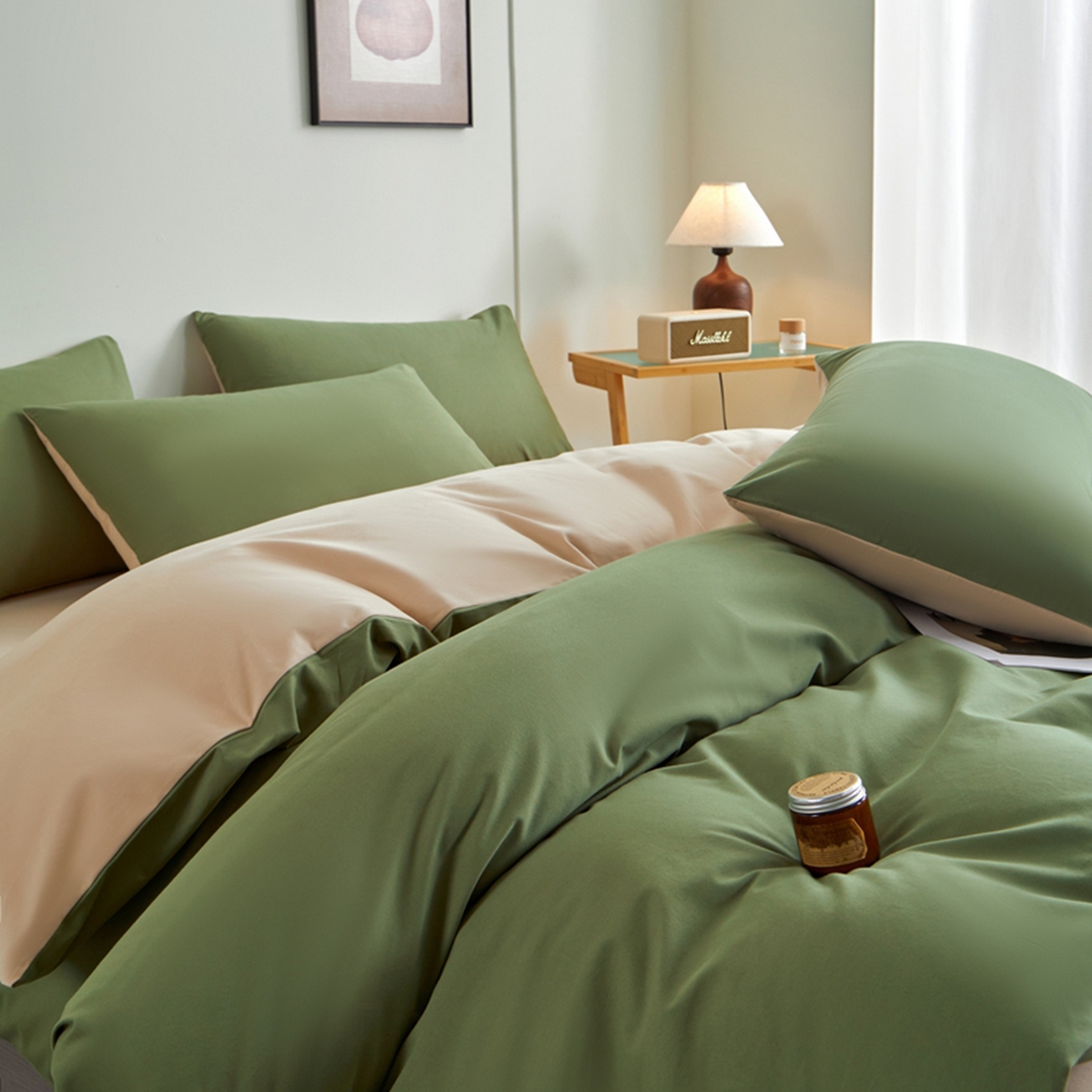 91家纺网 家纺一手货源 找家纺 润肤居 2025新款全棉纯色双拼加厚磨毛四件套 复古绿+杏驼色
