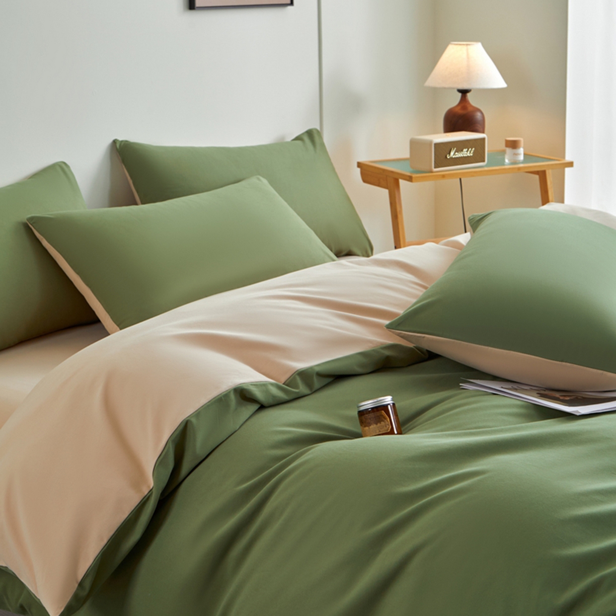 91家纺网 家纺一手货源 找家纺 润肤居 2025新款全棉纯色双拼加厚磨毛四件套 复古绿+杏驼色