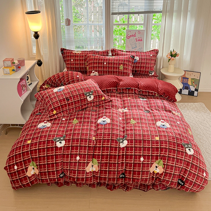 91家纺网 家纺一手货源 找家纺 一比一 2025新款加厚保暖豆豆牛奶绒床盖款四件套奥丁派对