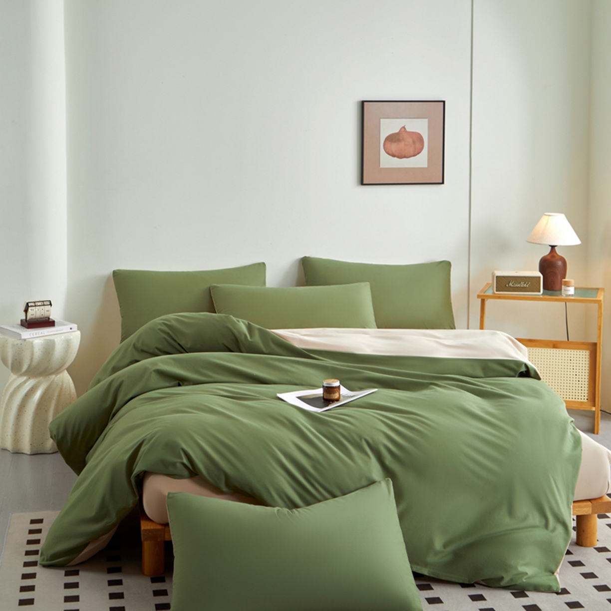 91家纺网 家纺一手货源 找家纺 润肤居 2025新款全棉纯色双拼加厚磨毛四件套 复古绿+杏驼色