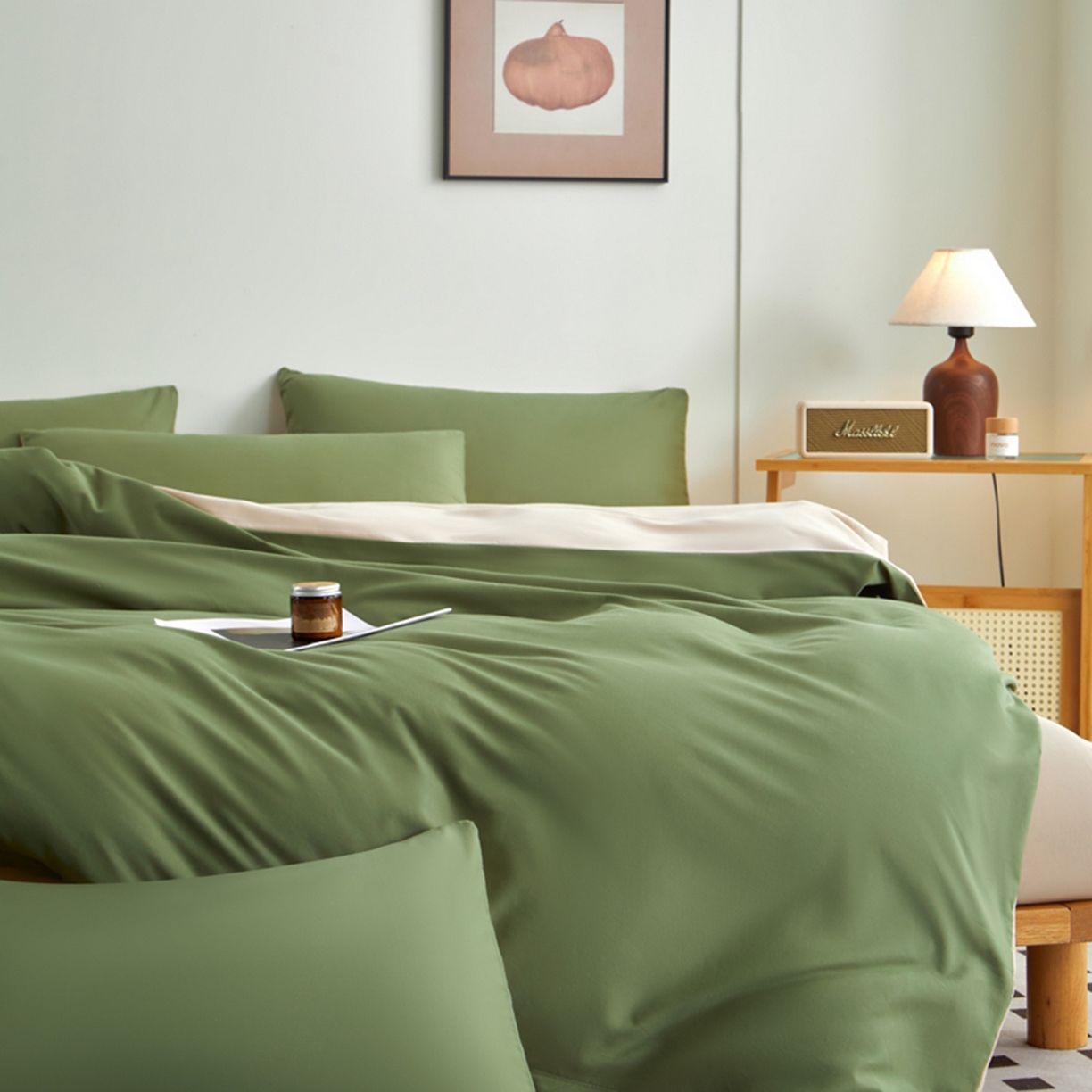 91家纺网 家纺一手货源 找家纺 润肤居 2025新款全棉纯色双拼加厚磨毛四件套 复古绿+杏驼色