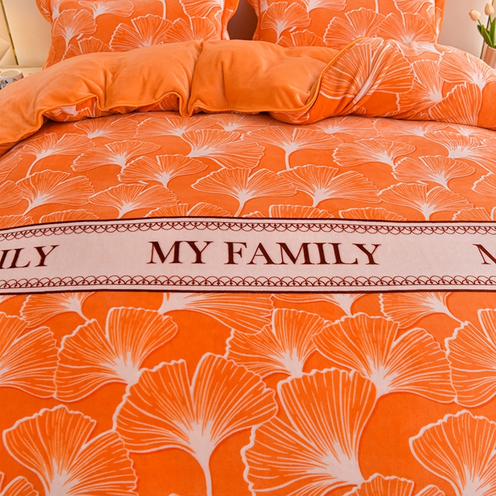 91家纺网 家纺一手货源 找家纺 绘萱2025新品爆款8斤包边印花牛奶绒四件套床裙款法莱绒金貂貂狐 银杏叶语-桔