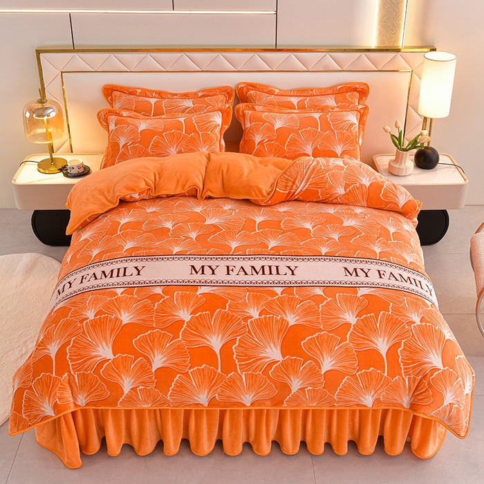 绘萱2025新品爆款8斤包边印花牛奶绒四件套床裙款法莱绒金貂貂狐 银杏叶语-桔