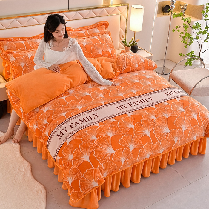 91家纺网 家纺一手货源 找家纺 绘萱2025新品爆款8斤包边印花牛奶绒四件套床裙款法莱绒金貂貂狐 银杏叶语-桔