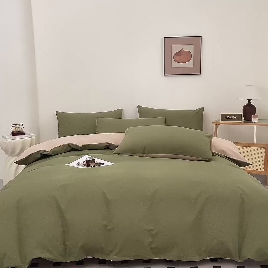 91家纺网 家纺一手货源 找家纺 润肤居 2025新款全棉纯色双拼加厚磨毛四件套 复古绿+杏驼色