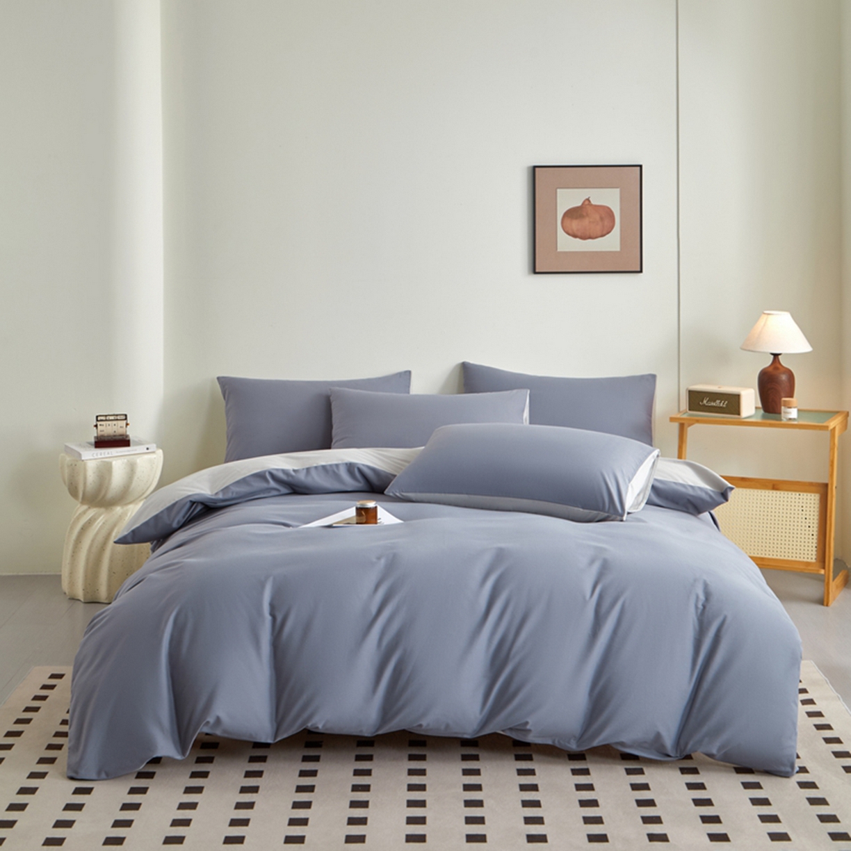 润肤居 2025新款全棉纯色双拼加厚磨毛四件套 蓝莓+浅灰