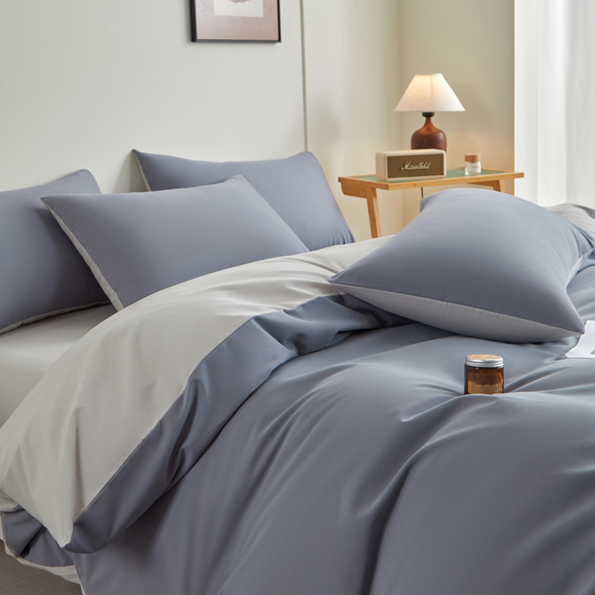 91家纺网 家纺一手货源 找家纺 润肤居 2025新款全棉纯色双拼加厚磨毛四件套 蓝莓+浅灰