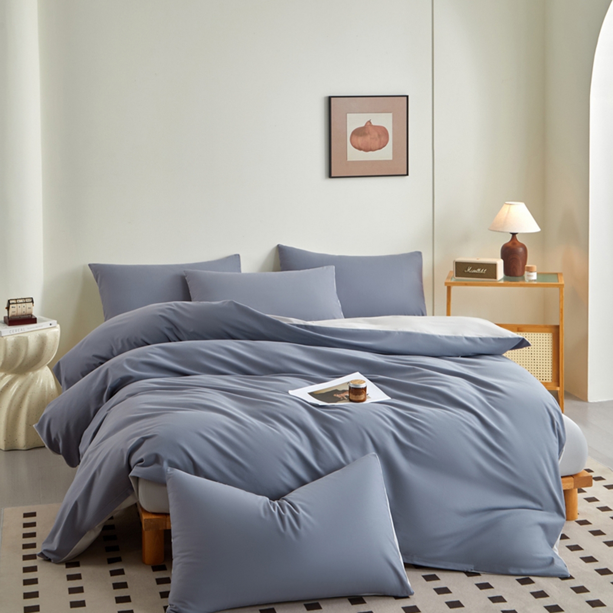 91家纺网 家纺一手货源 找家纺 润肤居 2025新款全棉纯色双拼加厚磨毛四件套 蓝莓+浅灰