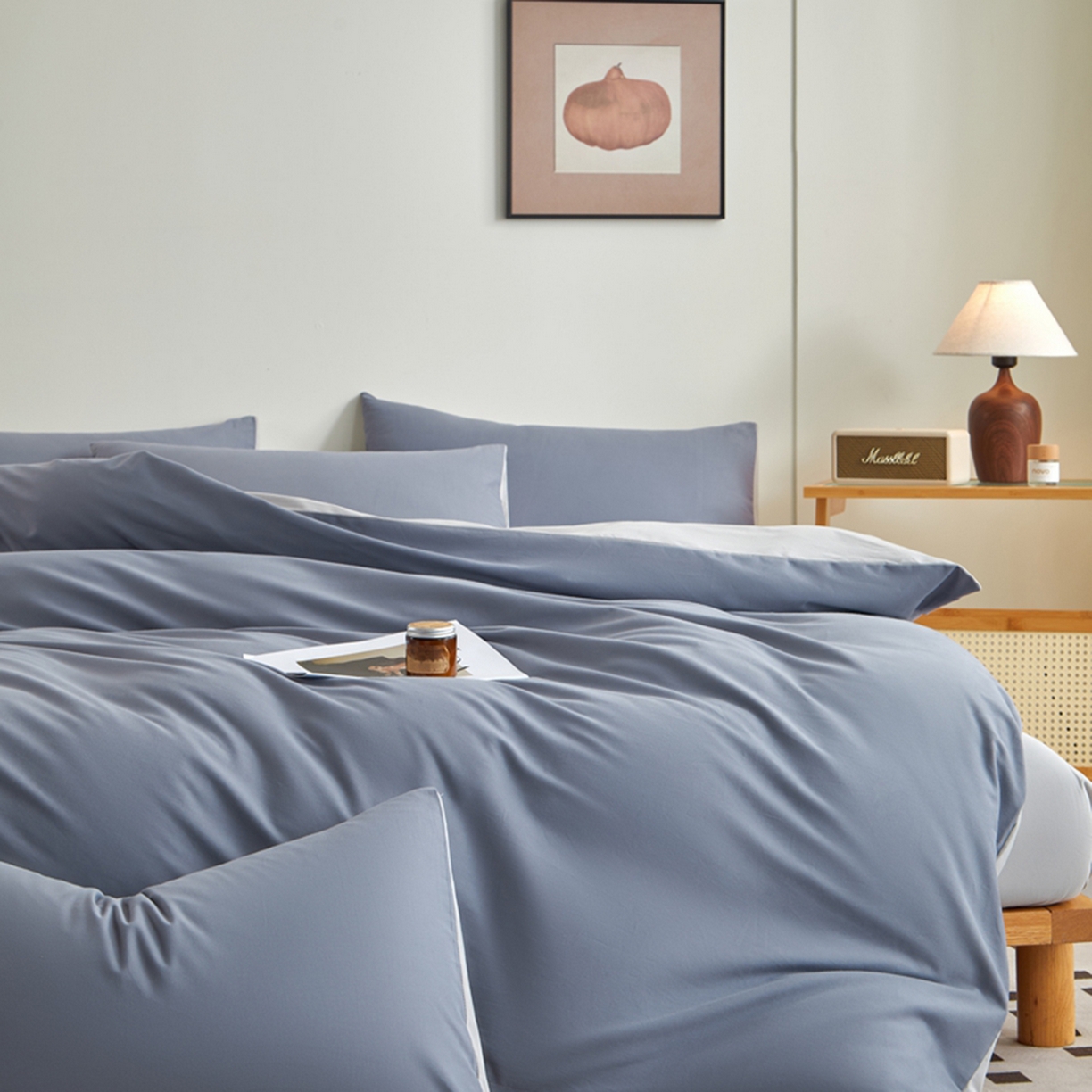 91家纺网 家纺一手货源 找家纺 润肤居 2025新款全棉纯色双拼加厚磨毛四件套 蓝莓+浅灰