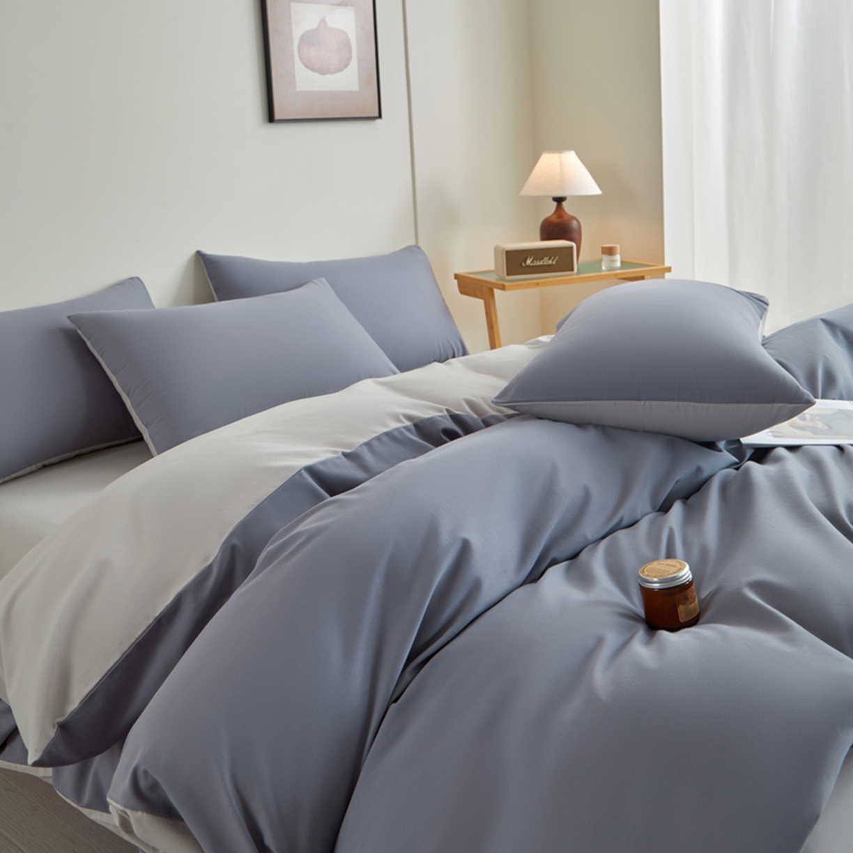 91家纺网 家纺一手货源 找家纺 润肤居 2025新款全棉纯色双拼加厚磨毛四件套 蓝莓+浅灰