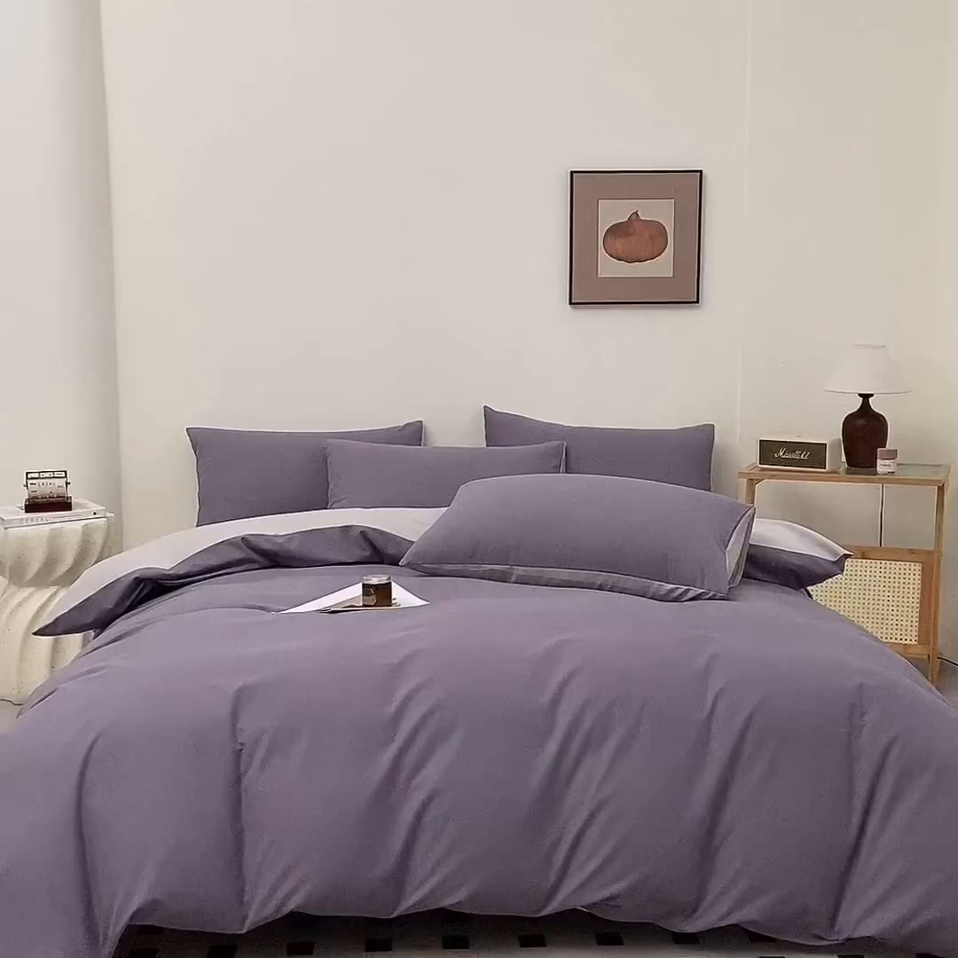 91家纺网 家纺一手货源 找家纺 润肤居 2025新款全棉纯色双拼加厚磨毛四件套 蓝莓+浅灰