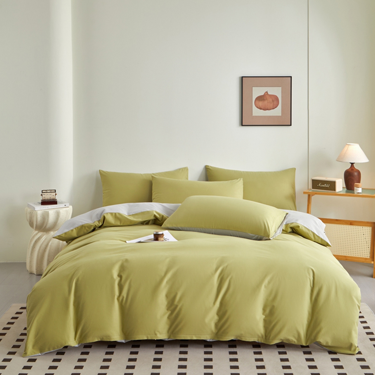 润肤居 2025新款全棉纯色双拼加厚磨毛四件套 尼罗绿+浅灰