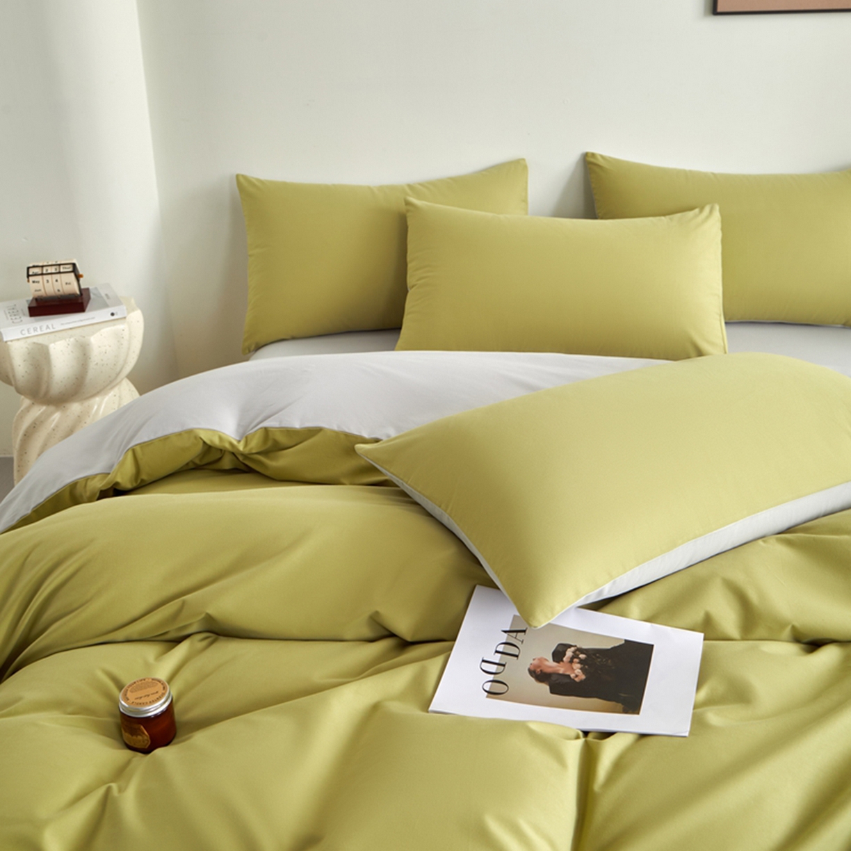 91家纺网 家纺一手货源 找家纺 润肤居 2025新款全棉纯色双拼加厚磨毛四件套 尼罗绿+浅灰