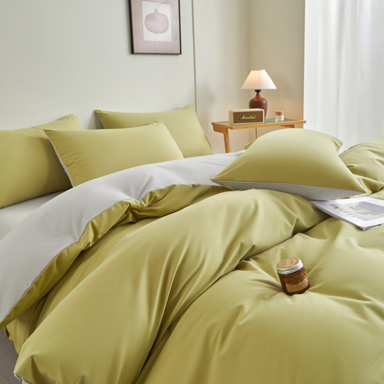 91家纺网 家纺一手货源 找家纺 润肤居 2025新款全棉纯色双拼加厚磨毛四件套 尼罗绿+浅灰