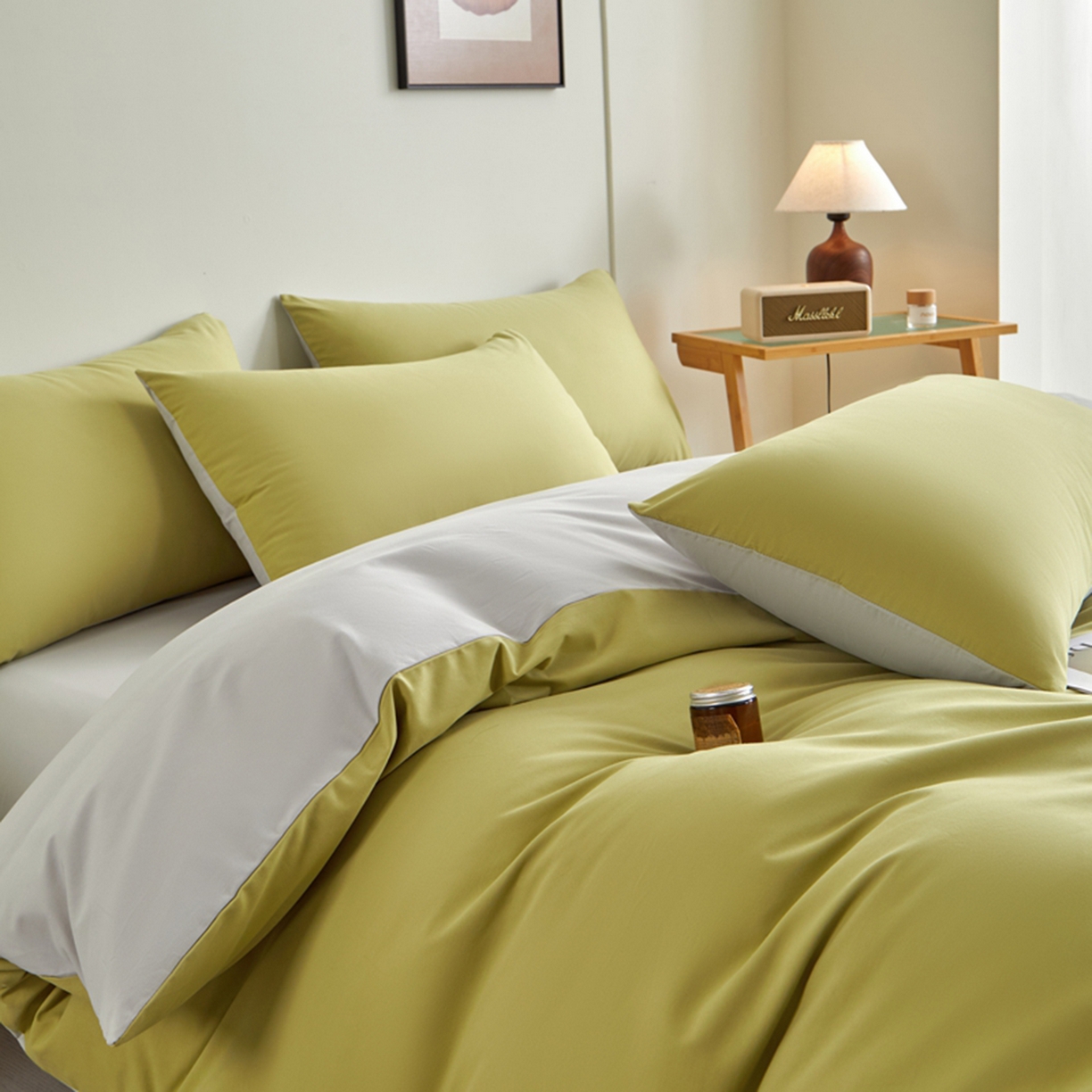 91家纺网 家纺一手货源 找家纺 润肤居 2025新款全棉纯色双拼加厚磨毛四件套 尼罗绿+浅灰