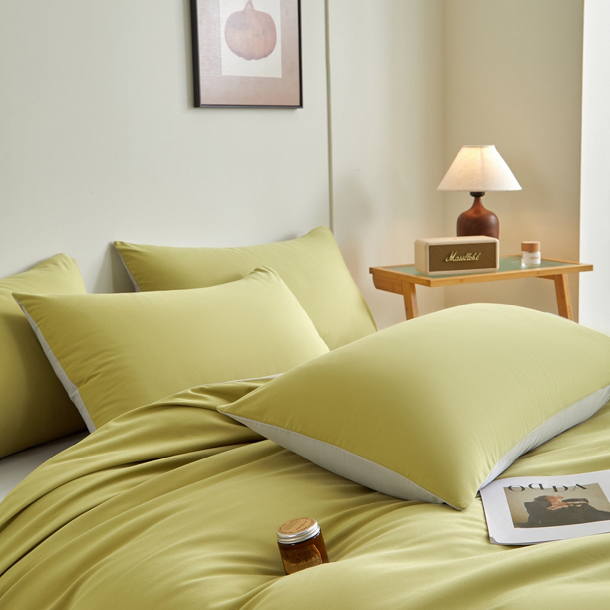 91家纺网 家纺一手货源 找家纺 润肤居 2025新款全棉纯色双拼加厚磨毛四件套 尼罗绿+浅灰