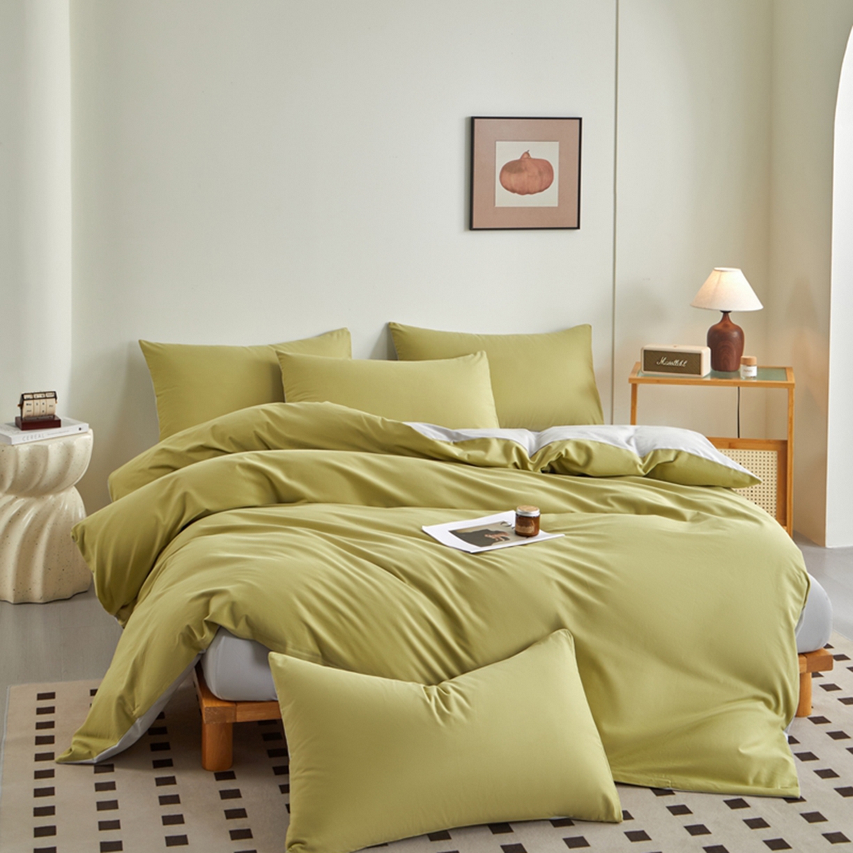 91家纺网 家纺一手货源 找家纺 润肤居 2025新款全棉纯色双拼加厚磨毛四件套 尼罗绿+浅灰