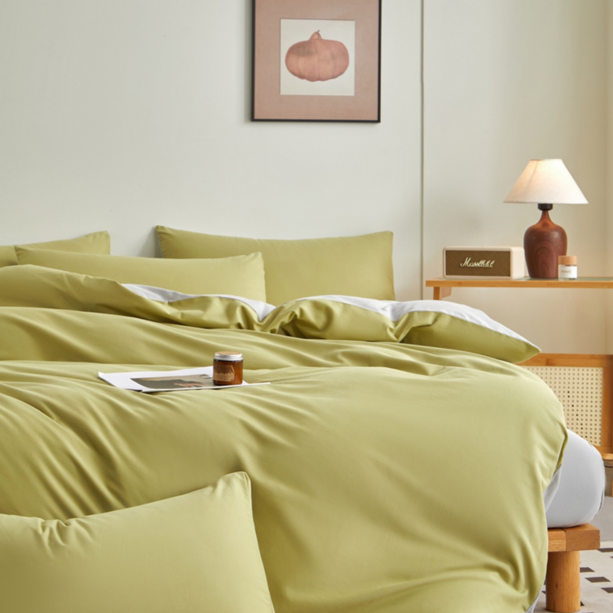 91家纺网 家纺一手货源 找家纺 润肤居 2025新款全棉纯色双拼加厚磨毛四件套 尼罗绿+浅灰