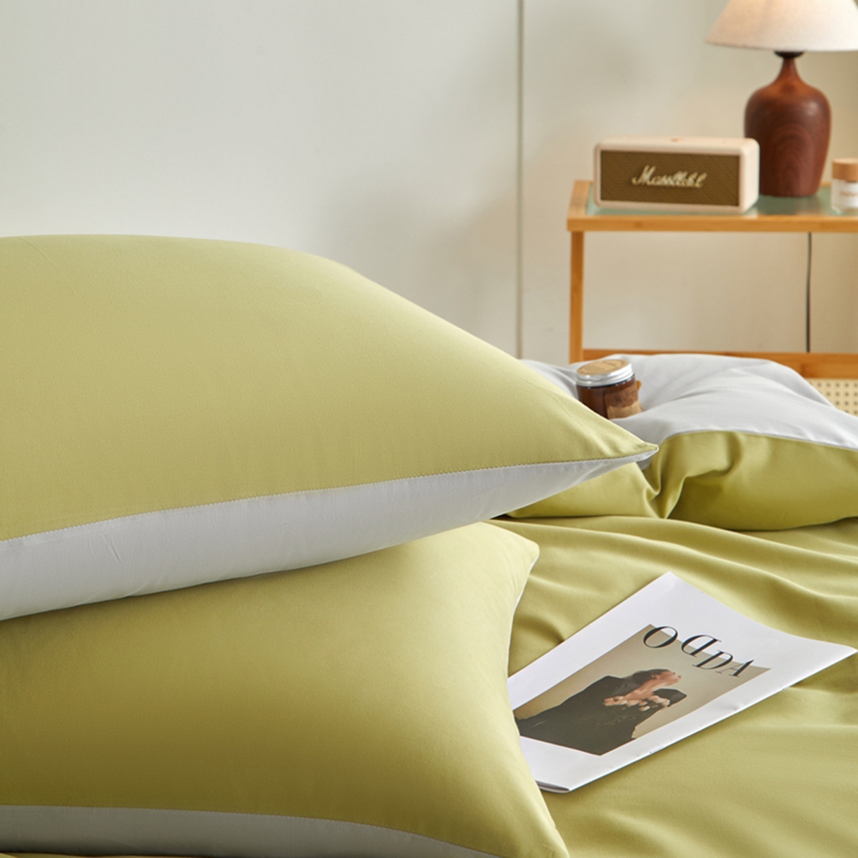 91家纺网 家纺一手货源 找家纺 润肤居 2025新款全棉纯色双拼加厚磨毛四件套 尼罗绿+浅灰