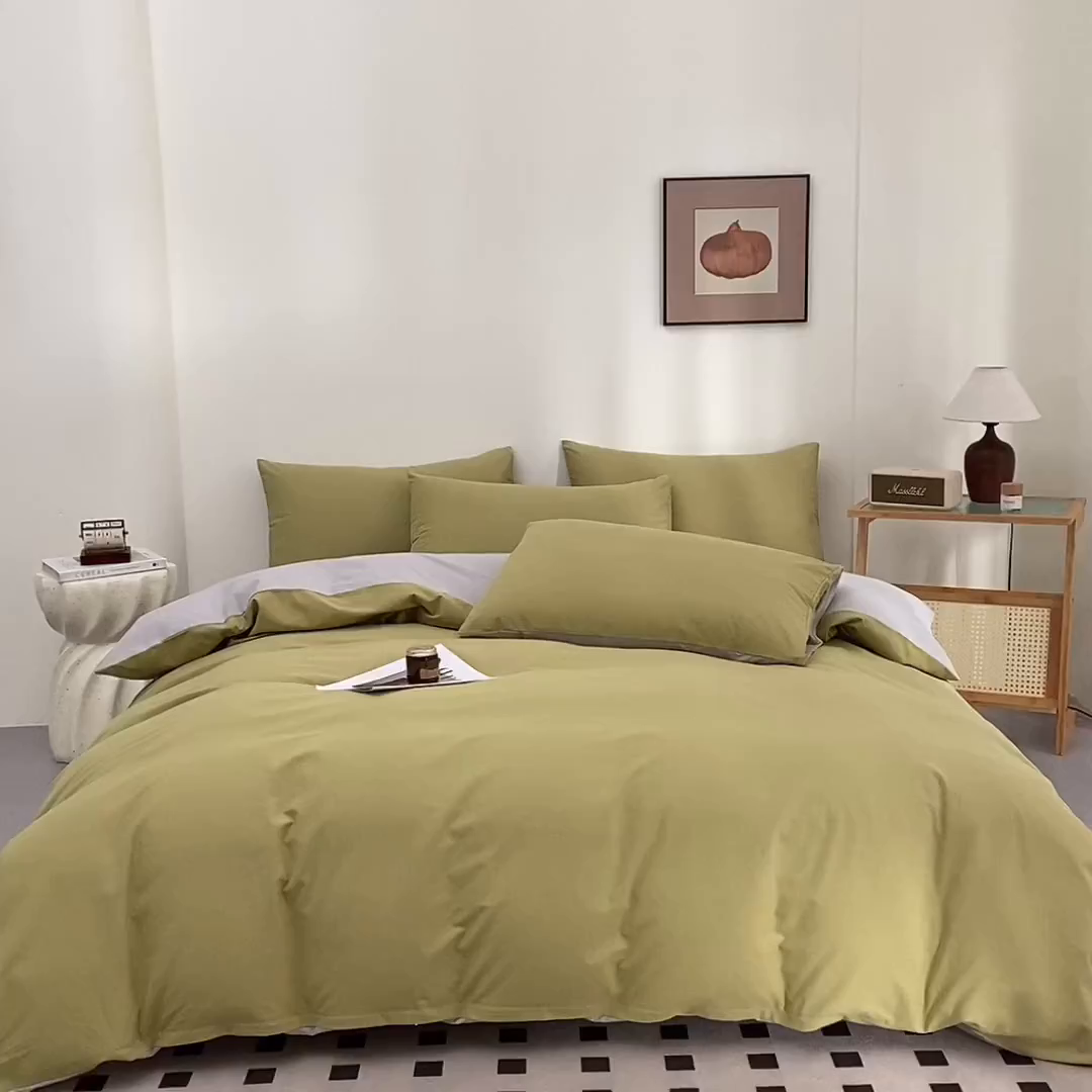 91家纺网 家纺一手货源 找家纺 润肤居 2025新款全棉纯色双拼加厚磨毛四件套 尼罗绿+浅灰